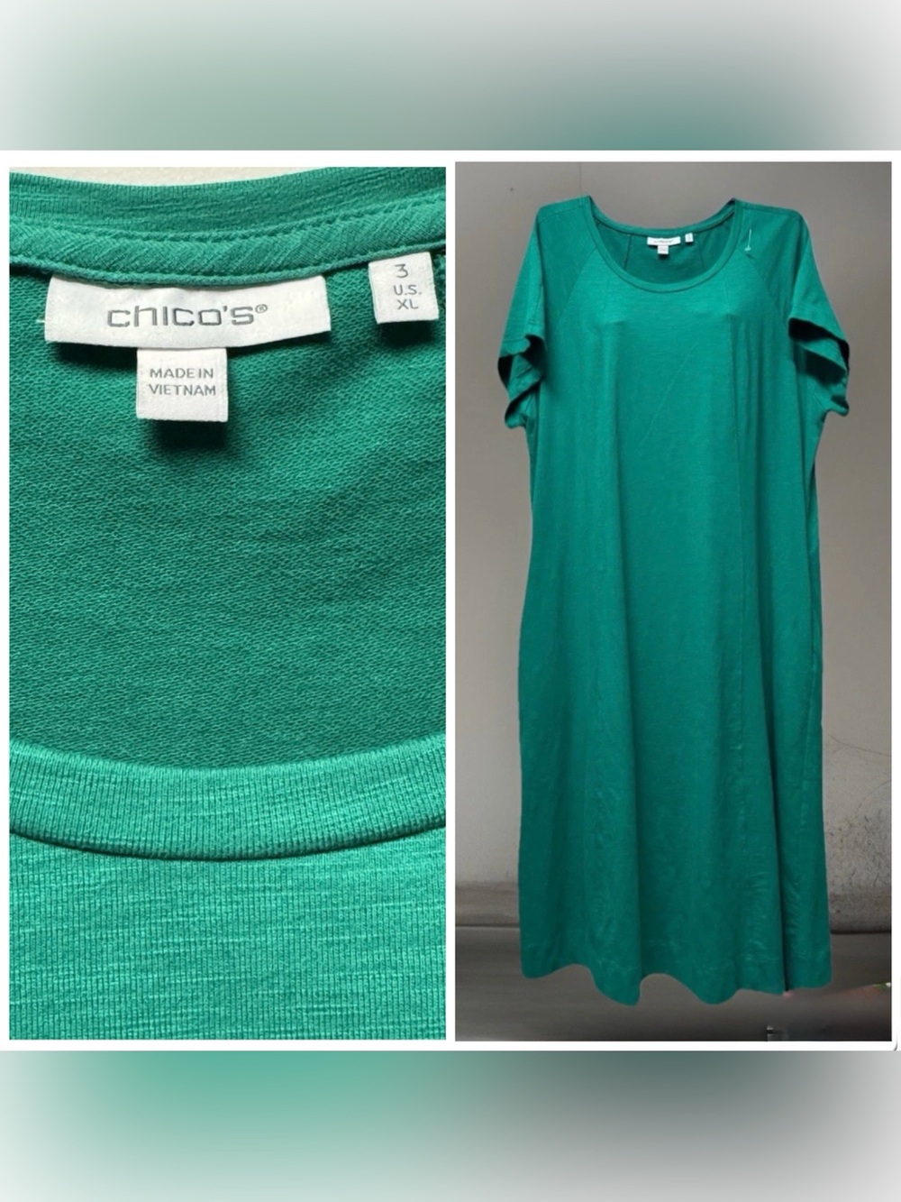 Chico’s Green Short-Sleeve Maxi Dress | A-Line | US XL Stretch Summer Long